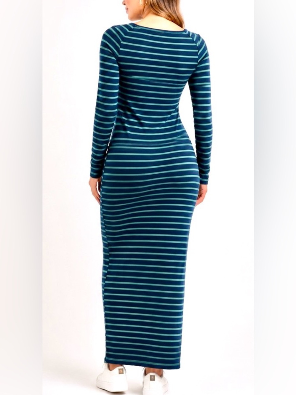 Gilli Navy and Teal Striped Long Sleeve Maxi Dress, Side Slits. - Picture 3 of 4